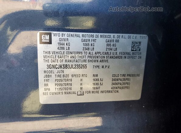 3GNCJKSB3JL235265 2018 CHEVROLET TRAX Blue VIN sticker view