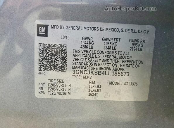 3GNCJKSB4LL185673 2020 CHEVROLET TRAX Gray ძრავის განყოფილების ხედი