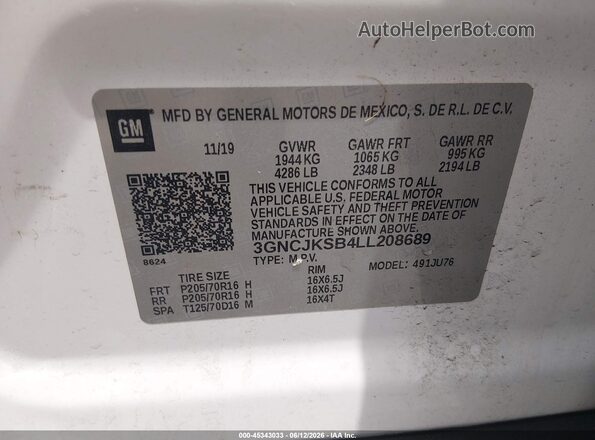 3GNCJKSB4LL208689 2020 CHEVROLET TRAX White Vista del compartimento del motor