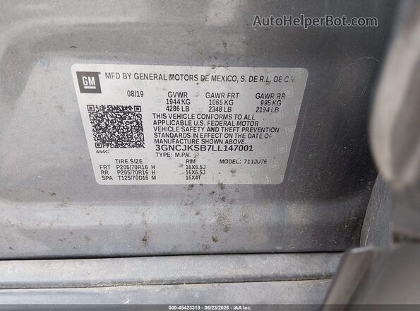 3GNCJKSB7LL147001 2020 CHEVROLET TRAX Gray ძრავის განყოფილების ხედი