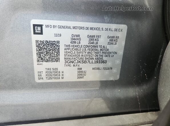 3GNCJKSB7LL193363 2020 CHEVROLET TRAX Gray VIN կոդի պիտակի տեսք
