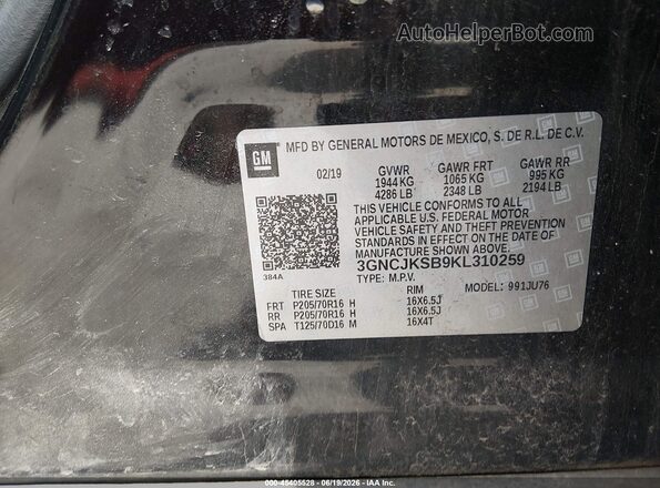 3GNCJKSB9KL310259 2019 CHEVROLET TRAX Black Widok komory silnika