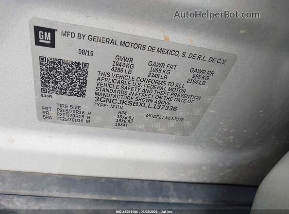3GNCJKSBXLL137336 2020 CHEVROLET TRAX Silver Vista del compartimento del motor