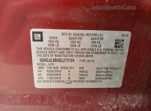 3GNCJLSB0GL273194 2016 CHEVROLET TRAX Red Вид наклейки з VIN-кодом
