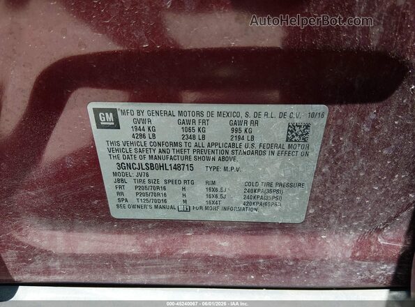 3GNCJLSB0HL148715 2017 CHEVROLET TRAX Red ძრავის განყოფილების ხედი