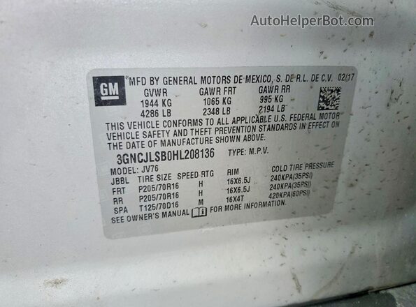 3GNCJLSB0HL208136 2017 CHEVROLET TRAX Silver 