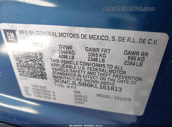 3GNCJLSB0KL161813 2019 CHEVROLET TRAX Синий Вид подкапотного пространства