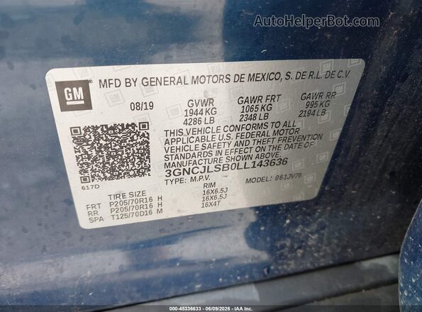 3GNCJLSB0LL143636 2020 CHEVROLET TRAX Blue Widok komory silnika