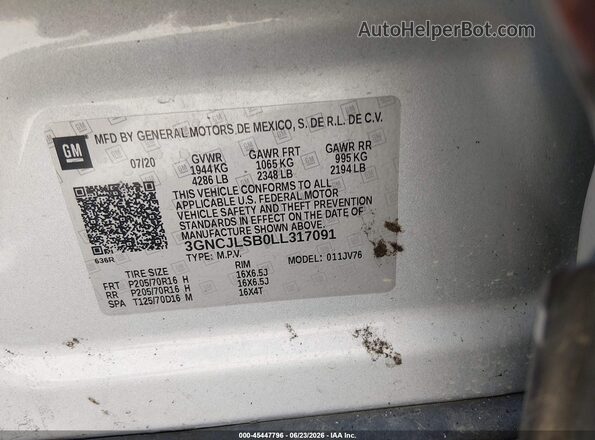 3GNCJLSB0LL317091 2020 CHEVROLET TRAX Gray ძრავის განყოფილების ხედი