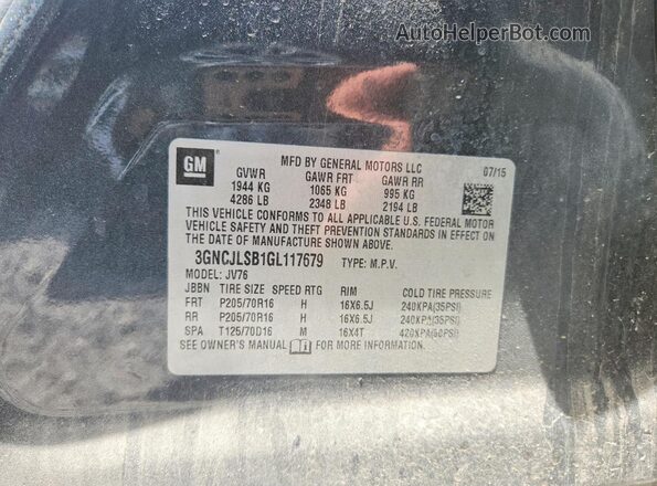 3GNCJLSB1GL117679 2016 CHEVROLET TRAX Charcoal VIN կոդի պիտակի տեսք