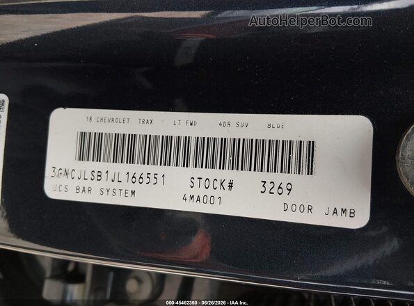 3GNCJLSB1JL166551 2018 CHEVROLET TRAX Dark Blue Вид подкапотного пространства