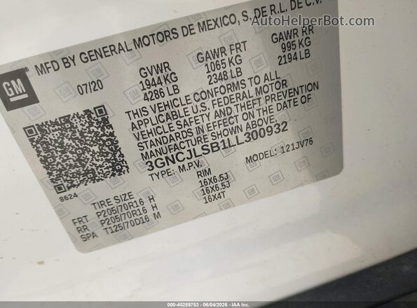 3GNCJLSB1LL300932 2020 CHEVROLET TRAX White Widok komory silnika
