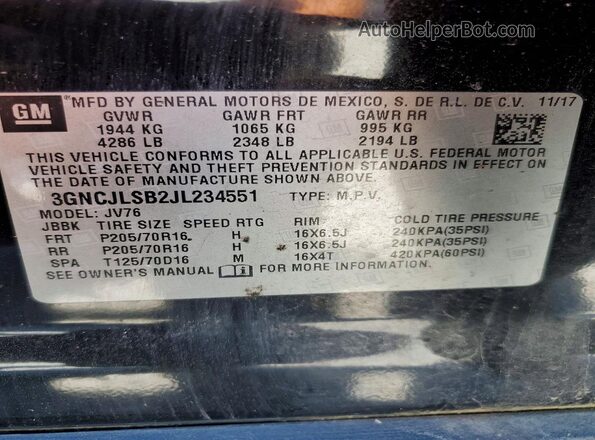 3GNCJLSB2JL234551 2018 CHEVROLET TRAX Black 