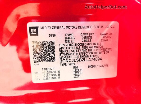 3GNCJLSB2LL174094 2020 CHEVROLET TRAX Red 