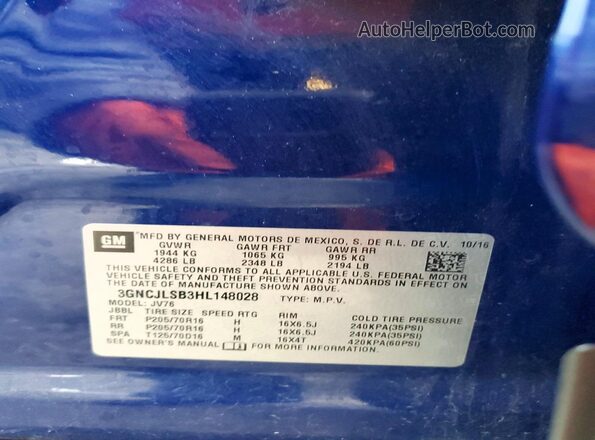 3GNCJLSB3HL148028 2017 CHEVROLET TRAX Blue 