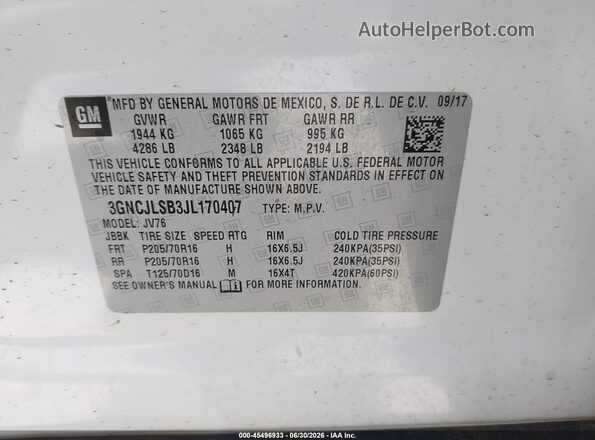 3GNCJLSB3JL170407 2018 CHEVROLET TRAX White Вид підкапотного простору