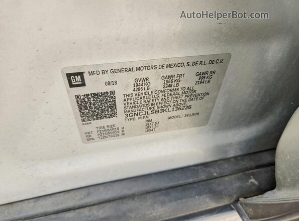3GNCJLSB3KL136226 2019 CHEVROLET TRAX Silver Widok komory silnika
