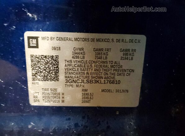 3GNCJLSB3KL176810 2019 CHEVROLET TRAX Blue Панорамний вид салону 360°