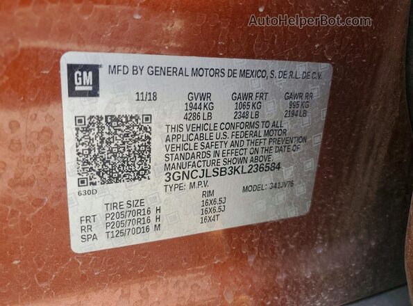 3GNCJLSB3KL236584 2019 CHEVROLET TRAX Tan Widok naklejki z numerem VIN