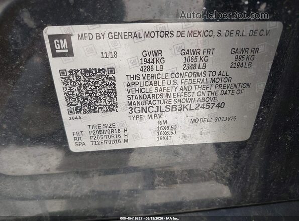 3GNCJLSB3KL245740 2019 CHEVROLET TRAX Black Widok komory silnika