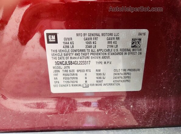 3GNCJLSB4GL223317 2016 CHEVROLET TRAX Maroon 
