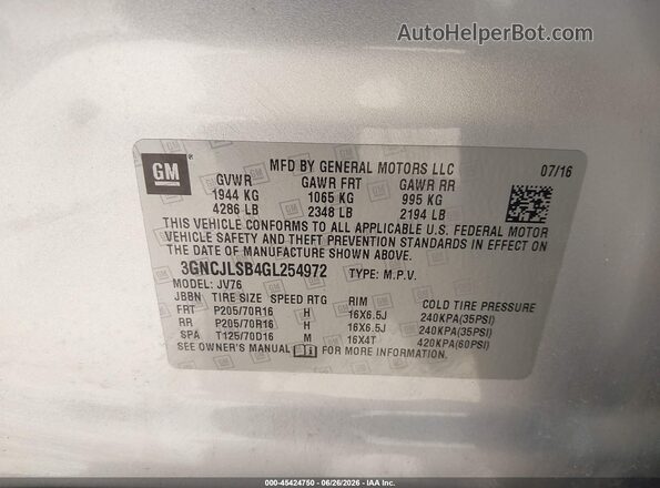 3GNCJLSB4GL254972 2016 CHEVROLET TRAX Silver Вид підкапотного простору