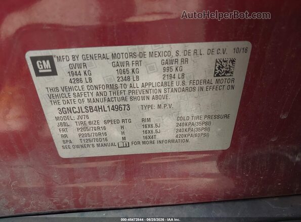 3GNCJLSB4HL149673 2017 CHEVROLET TRAX Maroon Widok komory silnika