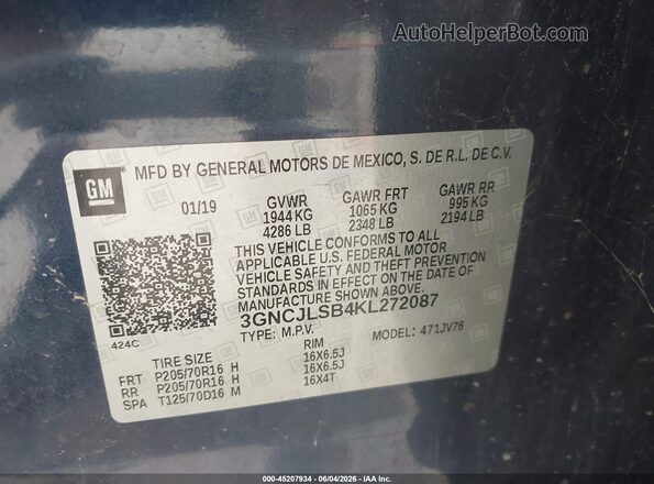 3GNCJLSB4KL272087 2019 CHEVROLET TRAX Purple Շարժիչի բաժամունքի տեսք