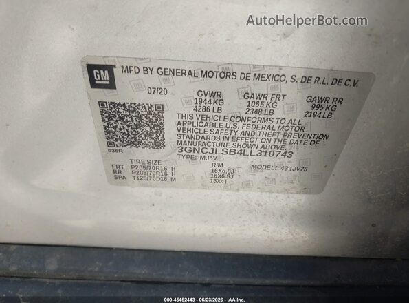 3GNCJLSB4LL310743 2020 CHEVROLET TRAX Серебряный Вид подкапотного пространства