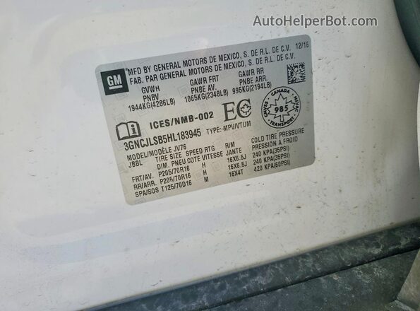 3GNCJLSB5HL183945 2017 CHEVROLET TRAX White Widok naklejki z numerem VIN