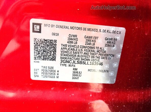 3GNCJLSB5LL163946 2020 CHEVROLET TRAX Burgundy 