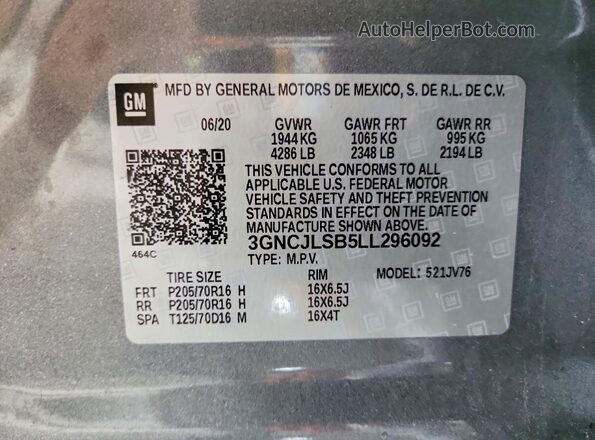 3GNCJLSB5LL296092 2020 CHEVROLET TRAX Gray Vista de la etiqueta del VIN