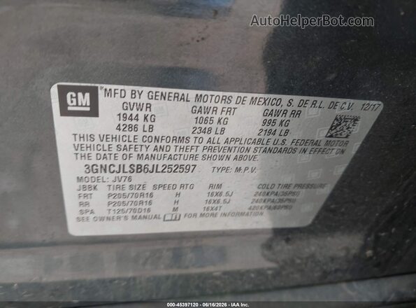 3GNCJLSB6JL252597 2018 CHEVROLET TRAX Gray 
