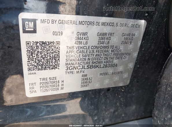 3GNCJLSB6KL283804 2019 CHEVROLET TRAX Black ძრავის განყოფილების ხედი