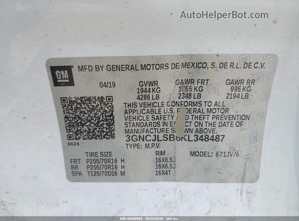 3GNCJLSB6KL348487 2019 CHEVROLET TRAX White Շարժիչի բաժամունքի տեսք