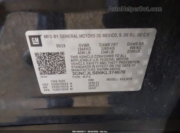 3GNCJLSB6KL374670 2019 CHEVROLET TRAX Black Շարժիչի բաժամունքի տեսք
