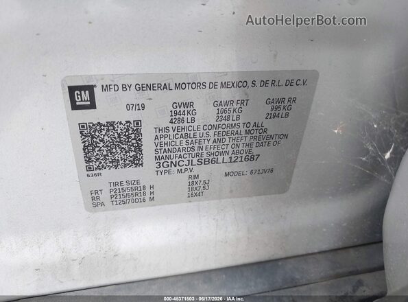 3GNCJLSB6LL121687 2020 CHEVROLET TRAX Silver Engine compartment view