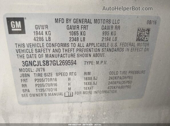 3GNCJLSB7GL269594 2016 CHEVROLET TRAX Champagne Widok komory silnika