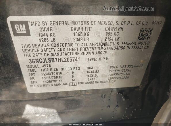 3GNCJLSB7HL206741 2017 CHEVROLET TRAX Black Engine compartment view