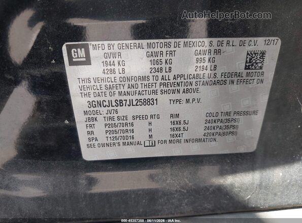 3GNCJLSB7JL258831 2018 CHEVROLET TRAX Black ძრავის განყოფილების ხედი