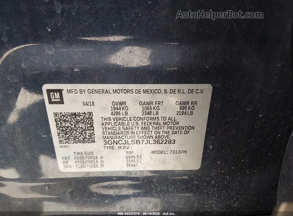 3GNCJLSB7JL362283 2018 CHEVROLET TRAX Dark Blue ძრავის განყოფილების ხედი