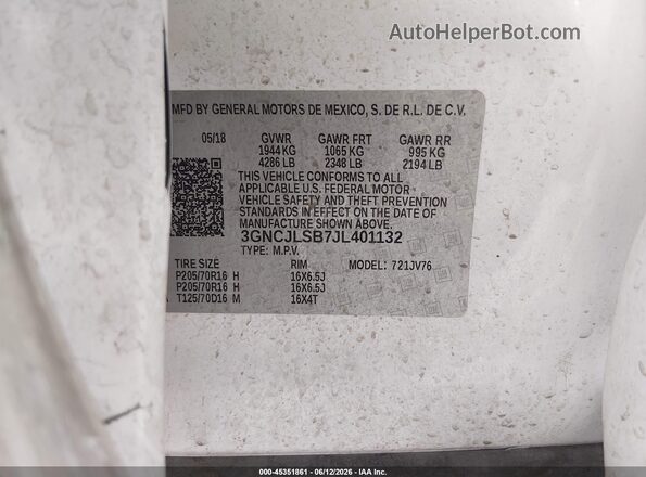 3GNCJLSB7JL401132 2018 CHEVROLET TRAX White Engine compartment view