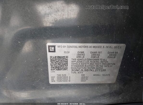 3GNCJLSB7KL277199 2019 CHEVROLET TRAX Gray ძრავის განყოფილების ხედი