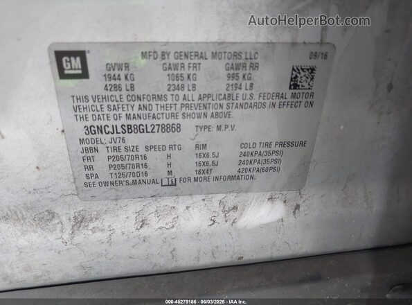 3GNCJLSB8GL278868 2016 CHEVROLET TRAX Silver Շարժիչի բաժամունքի տեսք
