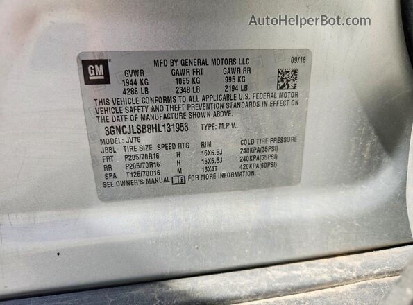 3GNCJLSB8HL131953 2017 CHEVROLET TRAX Silver Widok naklejki z numerem VIN