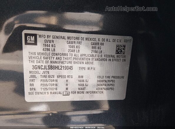 3GNCJLSB8HL219045 2017 CHEVROLET TRAX Black ძრავის განყოფილების ხედი