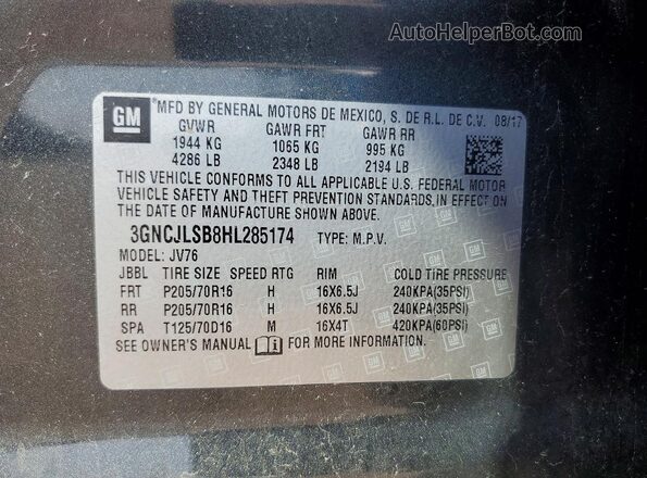 3GNCJLSB8HL285174 2017 CHEVROLET TRAX Gray 