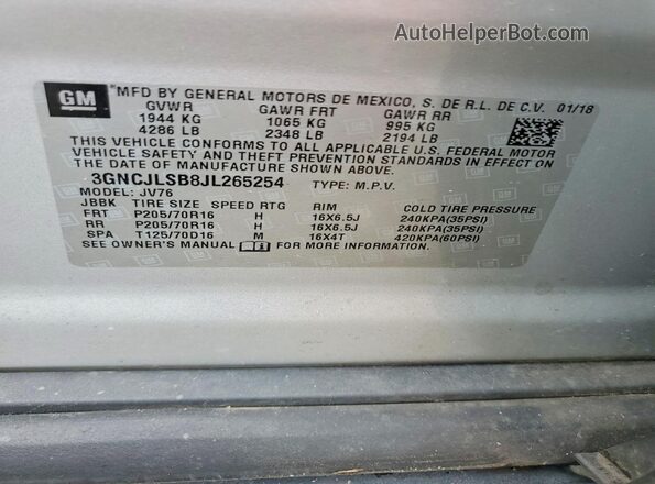 3GNCJLSB8JL265254 2018 CHEVROLET TRAX Silver 