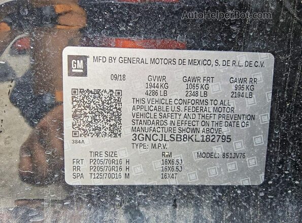 3GNCJLSB8KL182795 2019 CHEVROLET TRAX Черный 