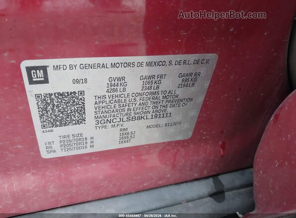 3GNCJLSB8KL191111 2019 CHEVROLET TRAX Burgundy Engine compartment view